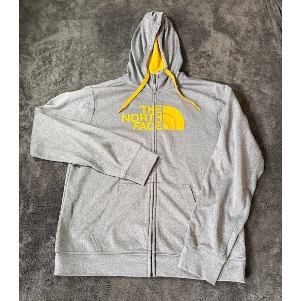 The North Face Mens Full Zip Hoodie Grey Yellow Logo Fleece Sweatshirt Large